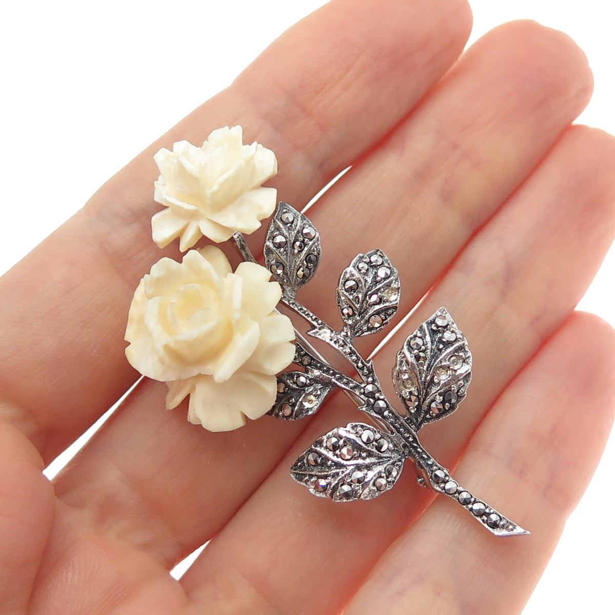 925 Sterling Antique Germany Real Marcasite Rose Pin Brooch (missing 5 stones)