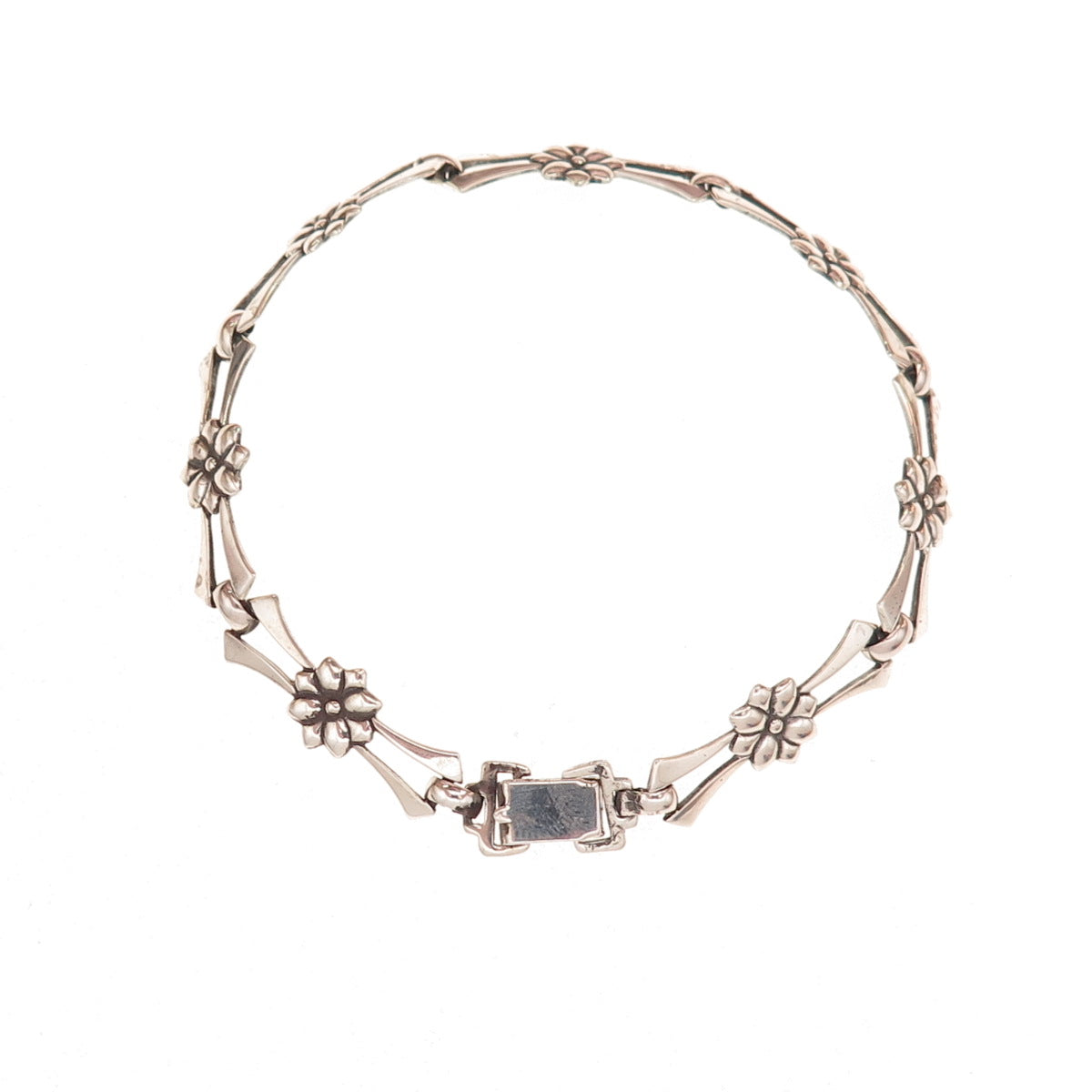 925 Sterling Silver Antique Art Deco Floral Oxidized Bracelet 7.5"