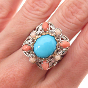 Michael Valitutti Gems En Vogue Sterling 2-Tone Turquoise & Coral Ring Size 8.25
