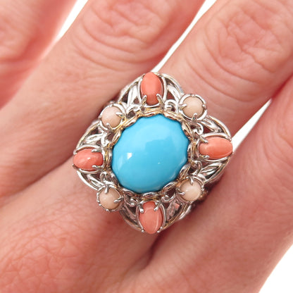 Michael Valitutti Gems En Vogue Sterling 2-Tone Turquoise & Coral Ring Size 8.25