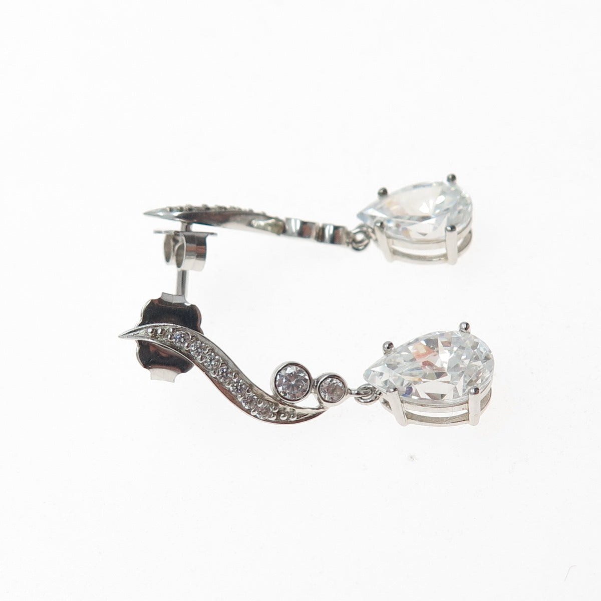 925 Sterling Silver Pear & Round-Cut C Z Dangle Earrings