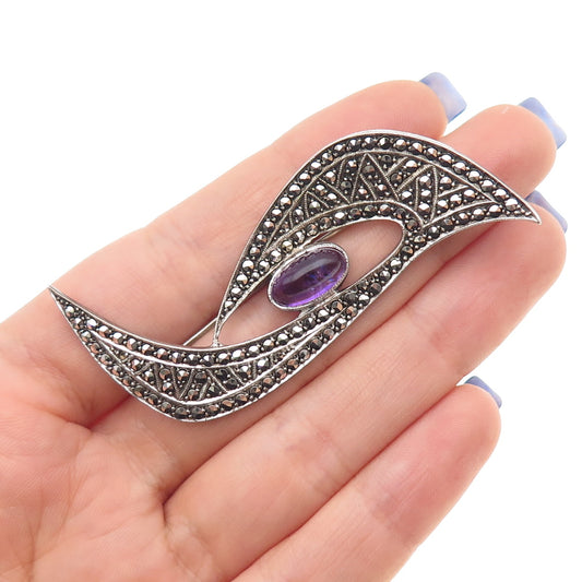 935 Silver Antique Art Deco Real Amethyst & Marcasite Oxidized Pin Brooch