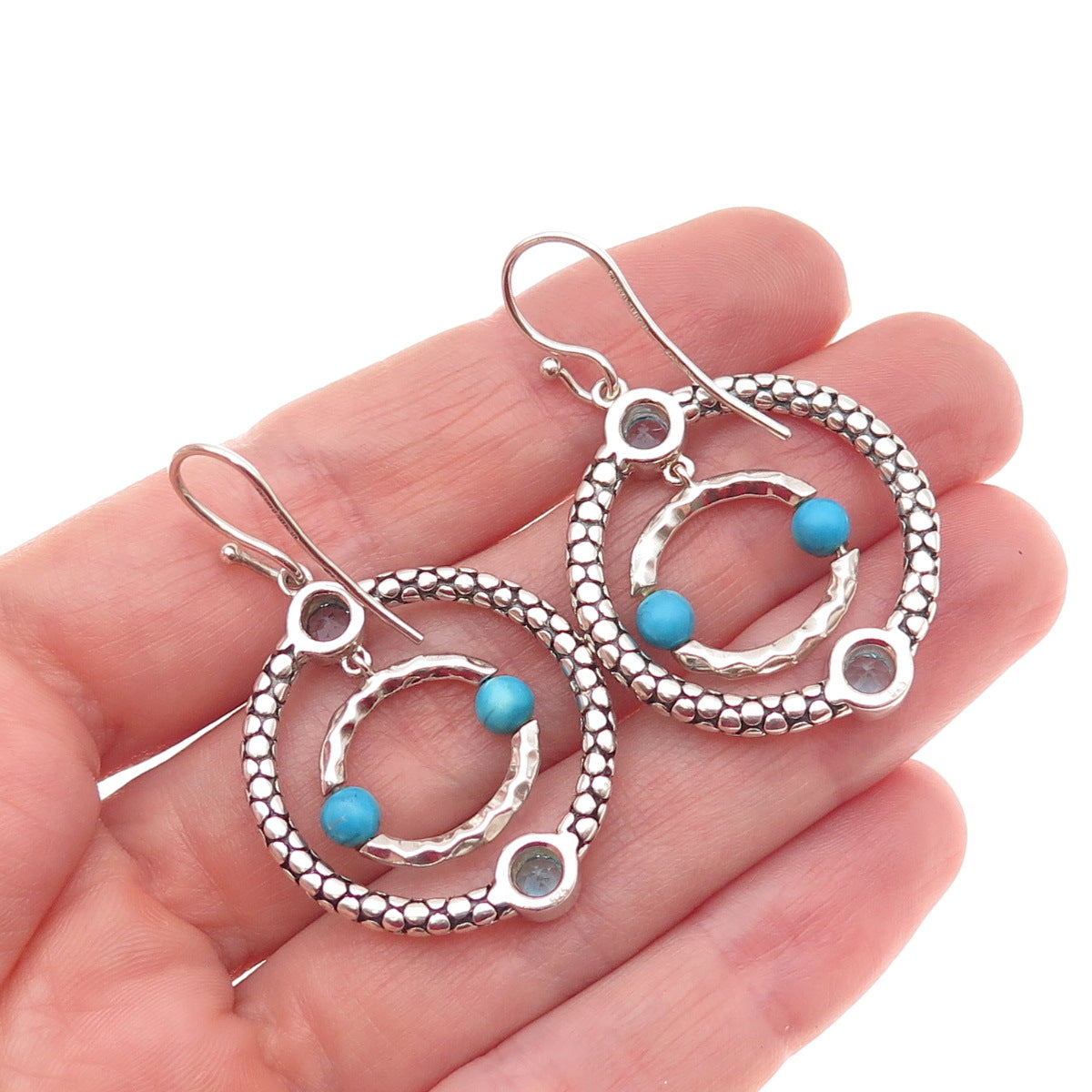 Michael Dawkins 925 Sterling Silver Real Turquoise & Blue Topaz Dangle Earrings