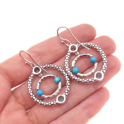 Michael Dawkins 925 Sterling Silver Real Turquoise & Blue Topaz Dangle Earrings