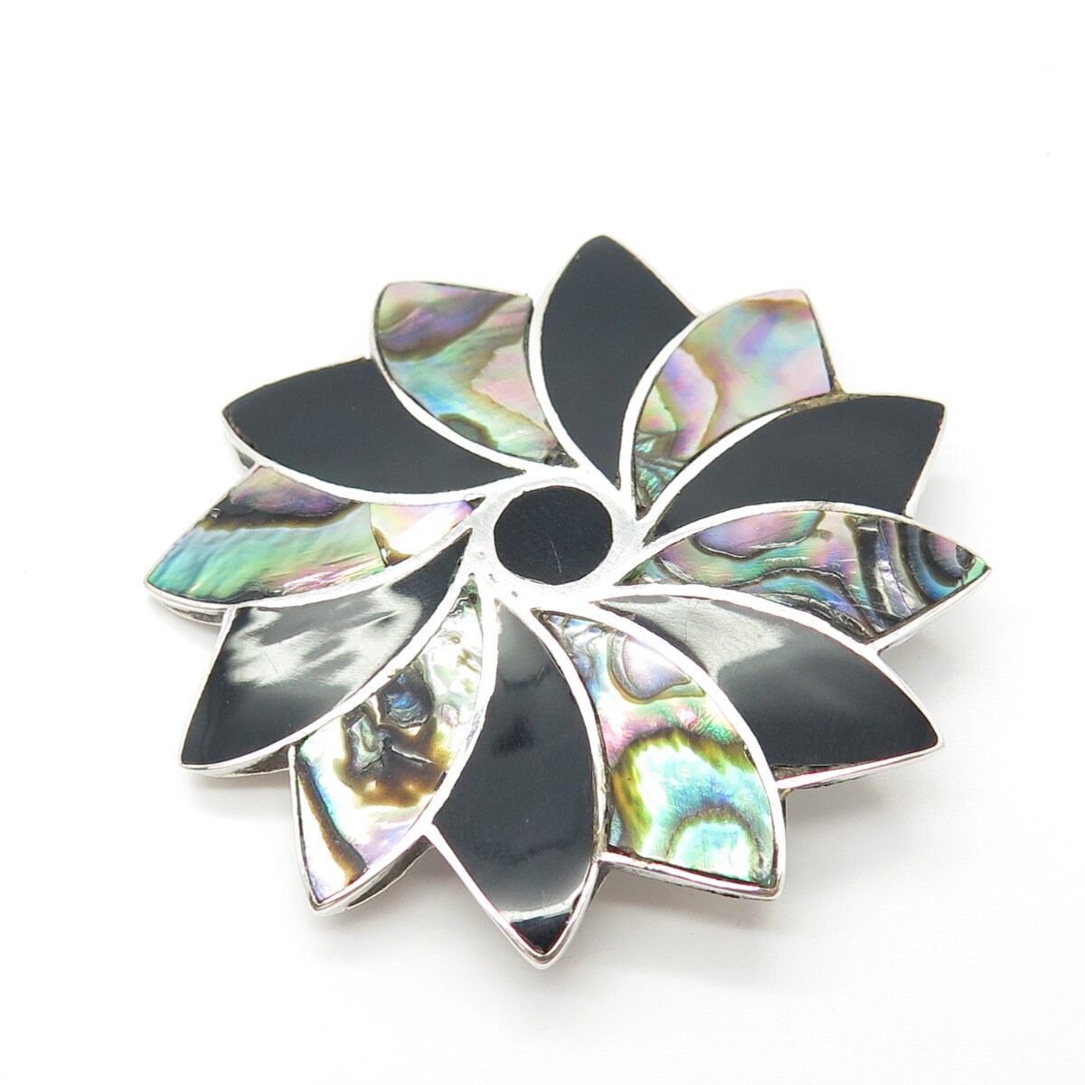 925 Sterling Silver Vintage Mexico Taxco Abalone Shell & Black Onyx Gem Brooch