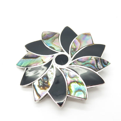 925 Sterling Silver Vintage Mexico Taxco Abalone Shell & Black Onyx Gem Brooch