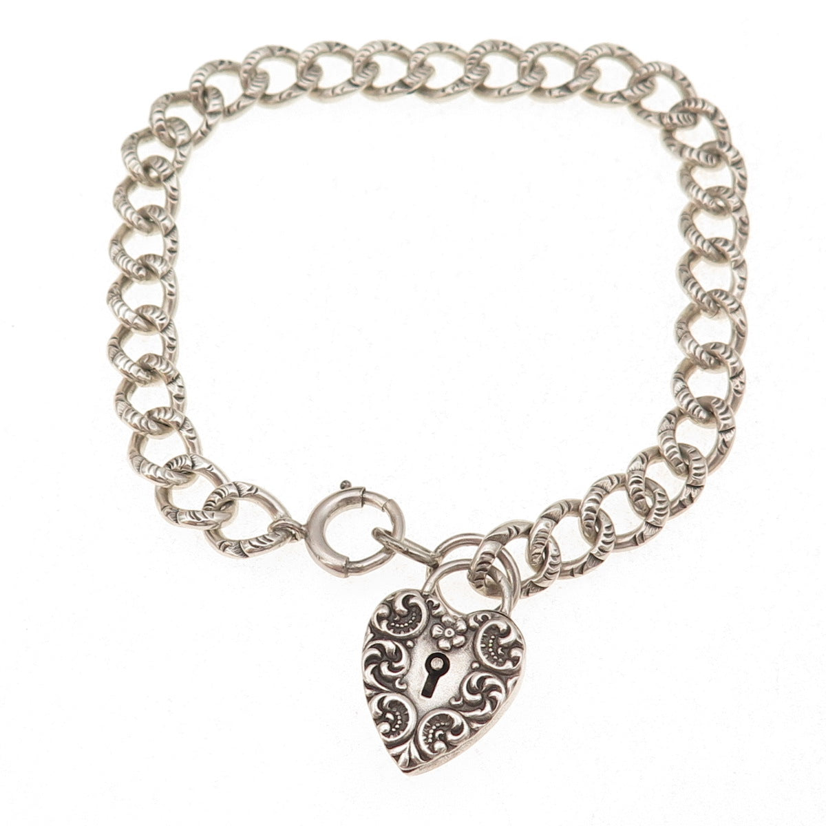 925 Sterling Silver Antique Art Deco Heart Padlock Curb Link Bracelet 7.75"