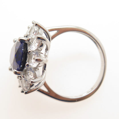 925 Sterling Silver Lab-Created Sapphire & Real White Topaz Ring Size 8.25