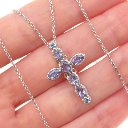 Chuck Clemency 925 Sterling Silver Real Tanzanite & Apatite Cross Necklace 18"