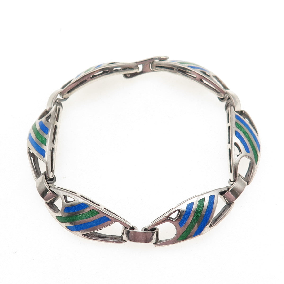 925 Sterling Silver Vintage Italy Enamel Modernist Panel Link Bracelet 7.25"