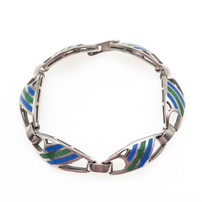 925 Sterling Silver Vintage Italy Enamel Modernist Panel Link Bracelet 7.25"