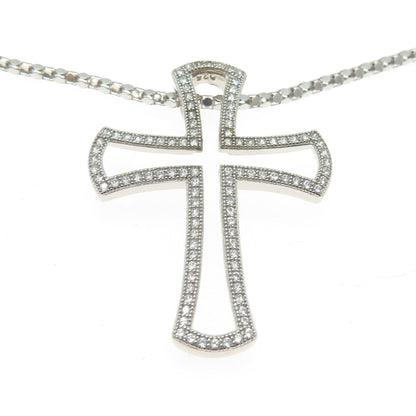 925 Sterling Silver Pave C Z Cross Pendant Popcorn Chain Necklace 16"