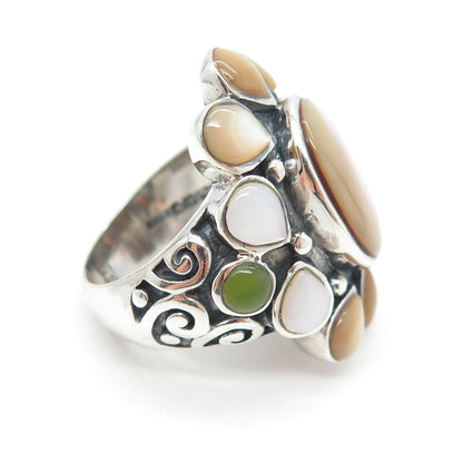 925 Sterling Silver Real Multi-Color MOP & Jade Statement Ring Size 6.75