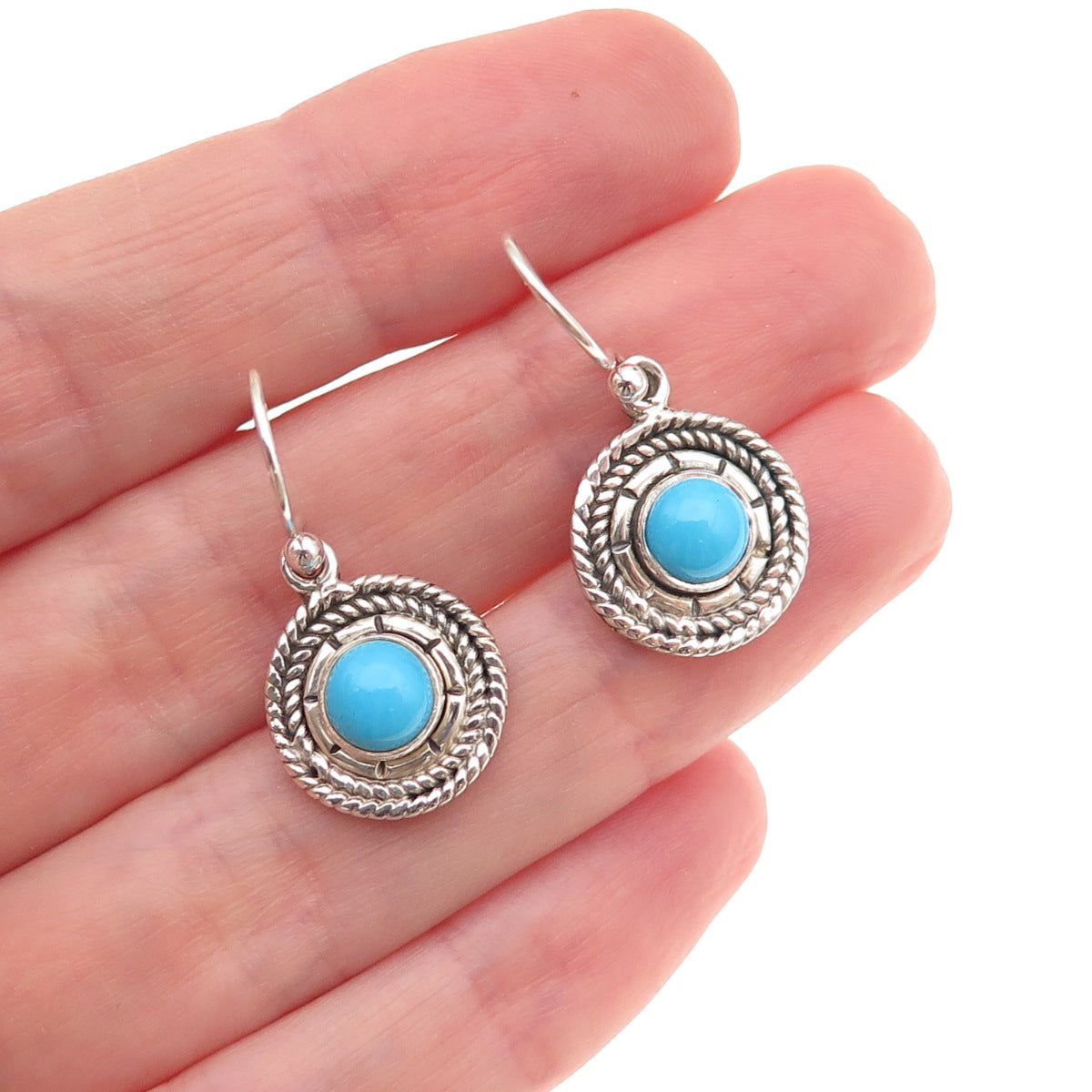 925 Sterling Silver Vintage Real Turquoise Oxidized Dangle Earrings