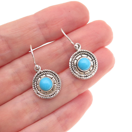 925 Sterling Silver Vintage Real Turquoise Oxidized Dangle Earrings
