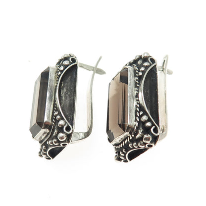 925 Sterling Silver Vintage Real Smoky Quartz Granulated Oxidized Earrings