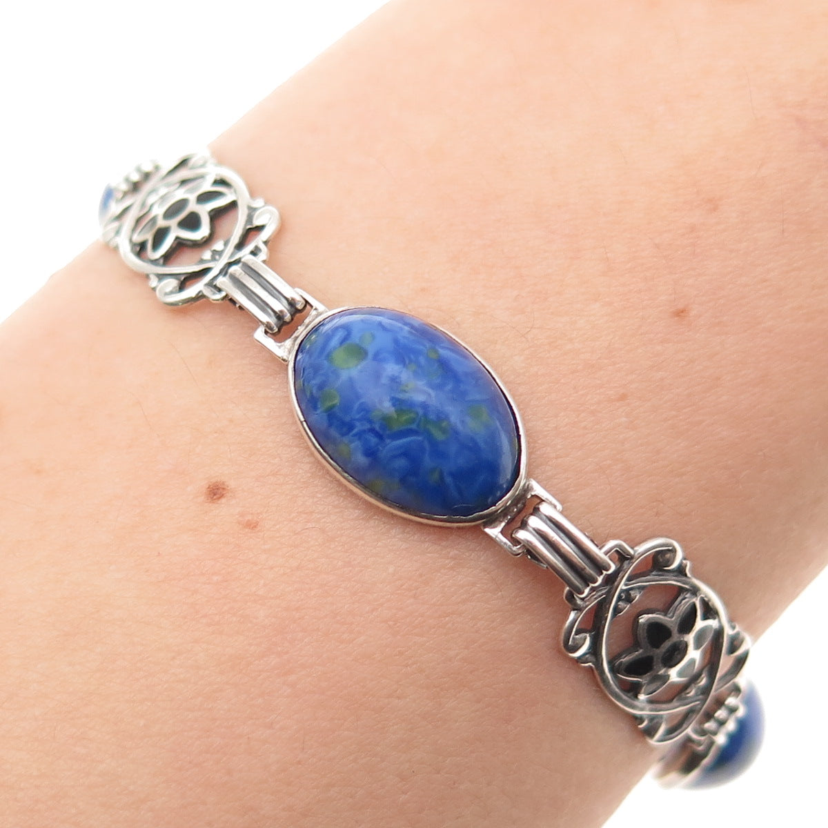 925 Sterling Silver Antique Art Deco Glass & Enamel Floral Bracelet 7.5"