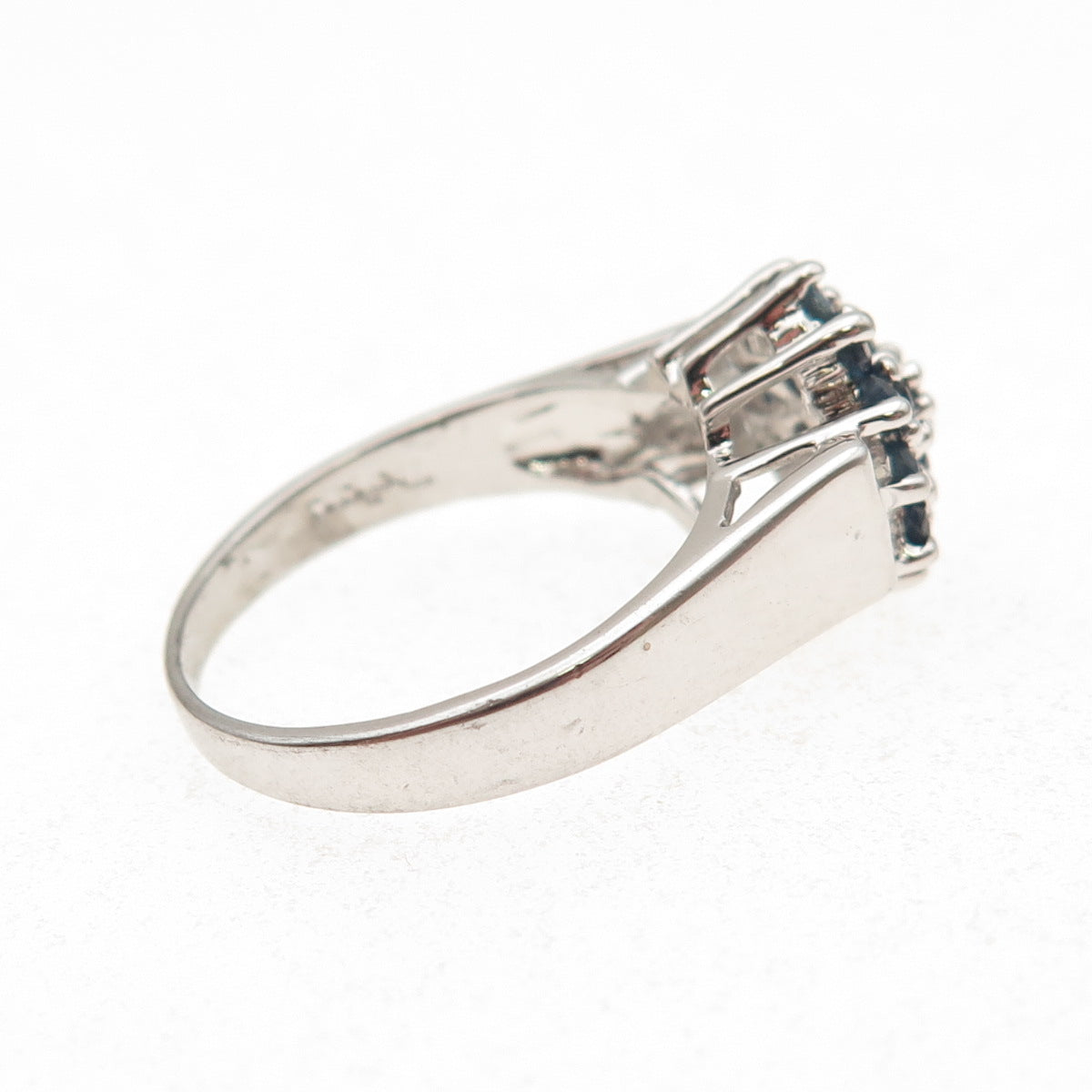 925 Sterling Silver Real Round-Cut Sapphire Floral Ring Size 6.75