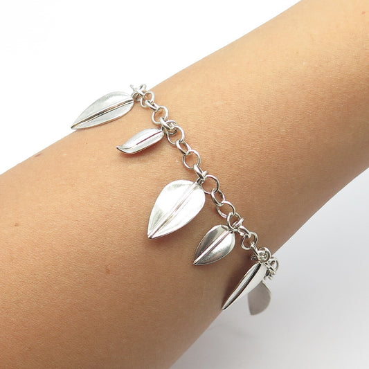 925 Sterling Silver Vintage Floral Leaf Charm Rolo Link Bracelet 7.5"