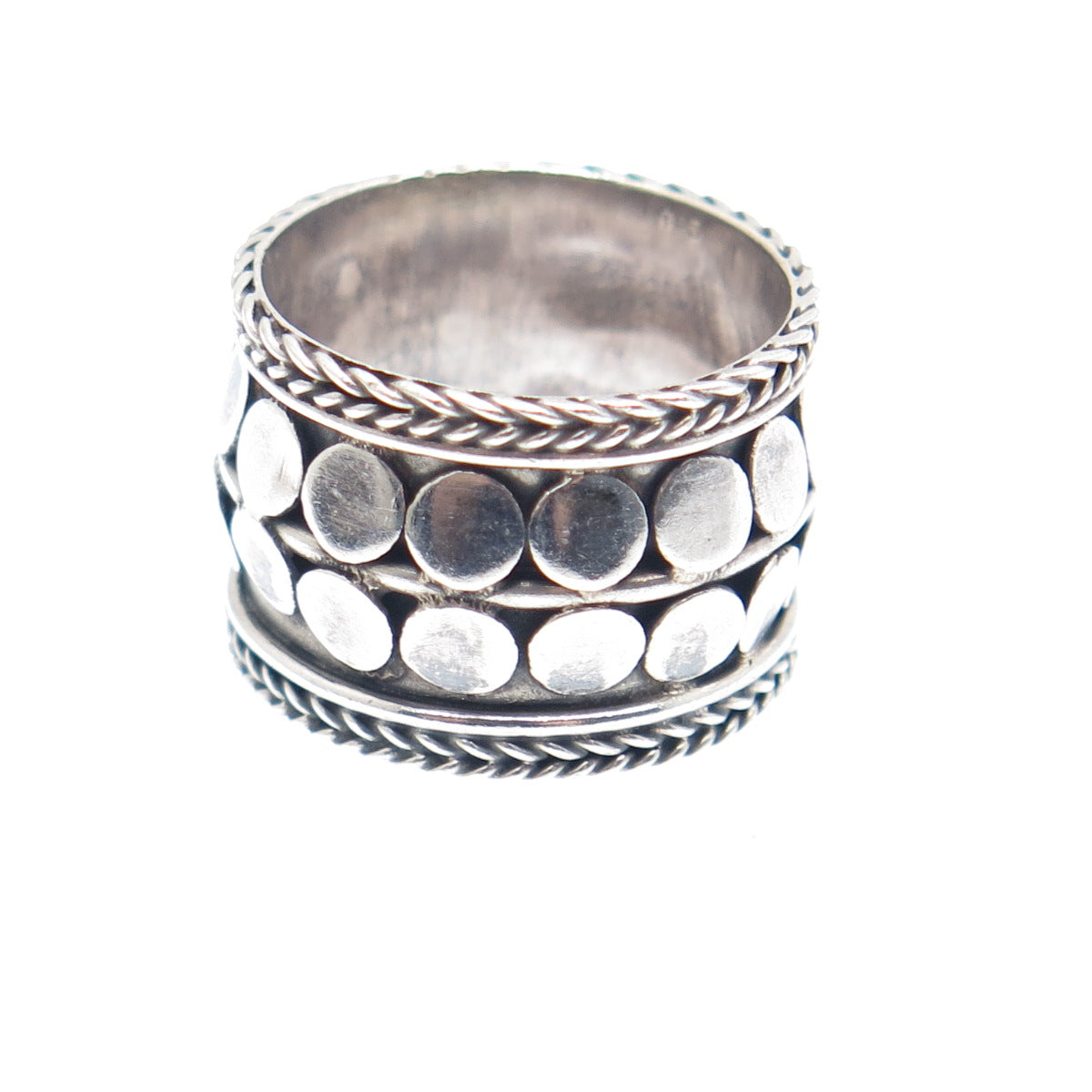 925 Sterling Silver Vintage Modernist Disc Dotted Band Oxidized Ring Size 6