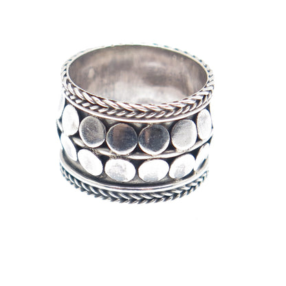 925 Sterling Silver Vintage Modernist Disc Dotted Band Oxidized Ring Size 6