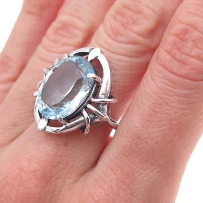 925 Sterling Silver Vintage Real Blue Topaz Modernist Oxidized Ring Size 7.5