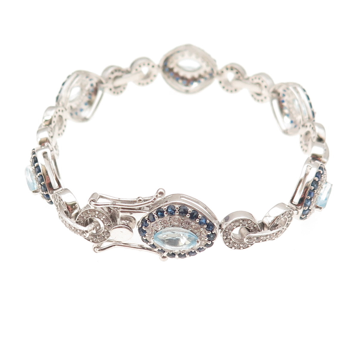 925 Sterling Silver Real Sapphire Blue & White Topaz Bracelet 7"
