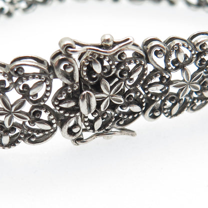 ROSS SIMONS Sterling Silver Vintage Flower & Heart Oxidized Link Bracelet 7.25"
