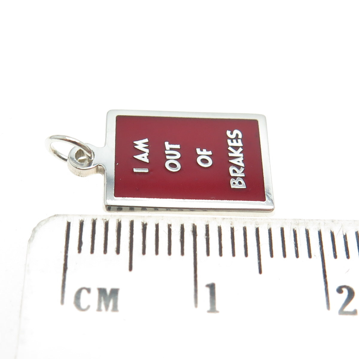 925 Sterling Silver Red Enamel "I'm Out Of Have Brakes" Minimalist Charm Pendant