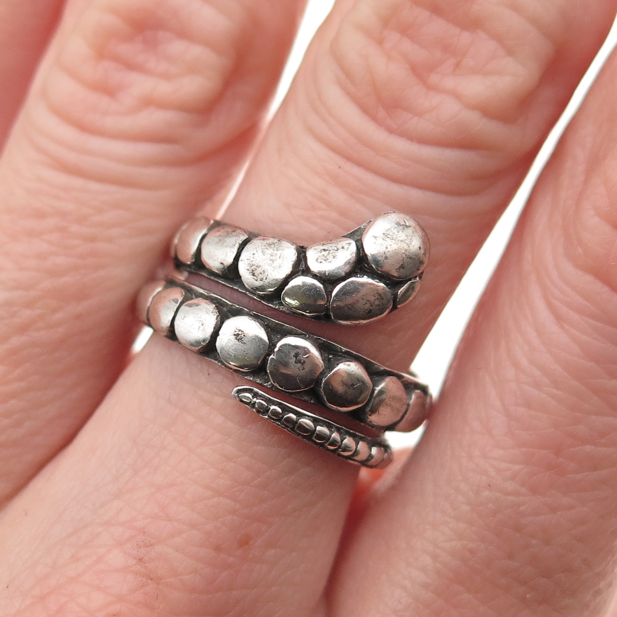 925 Sterling Silver Vintage Snake Dotted Oxidized Adjustable Wrap Ring Size 7