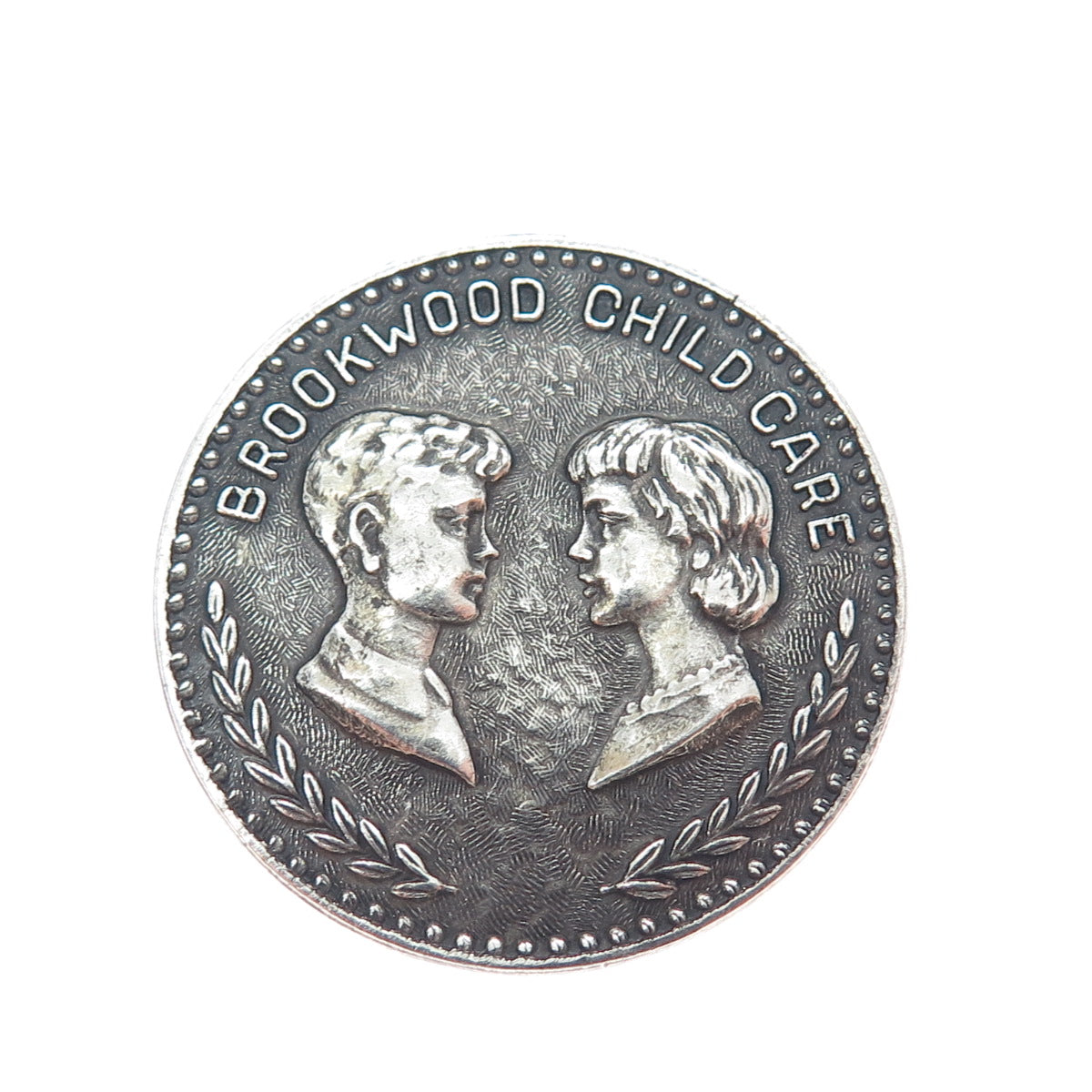 925 Sterling Silver Antique Brookwood Child Care Oxidized Medal Pin Brooch