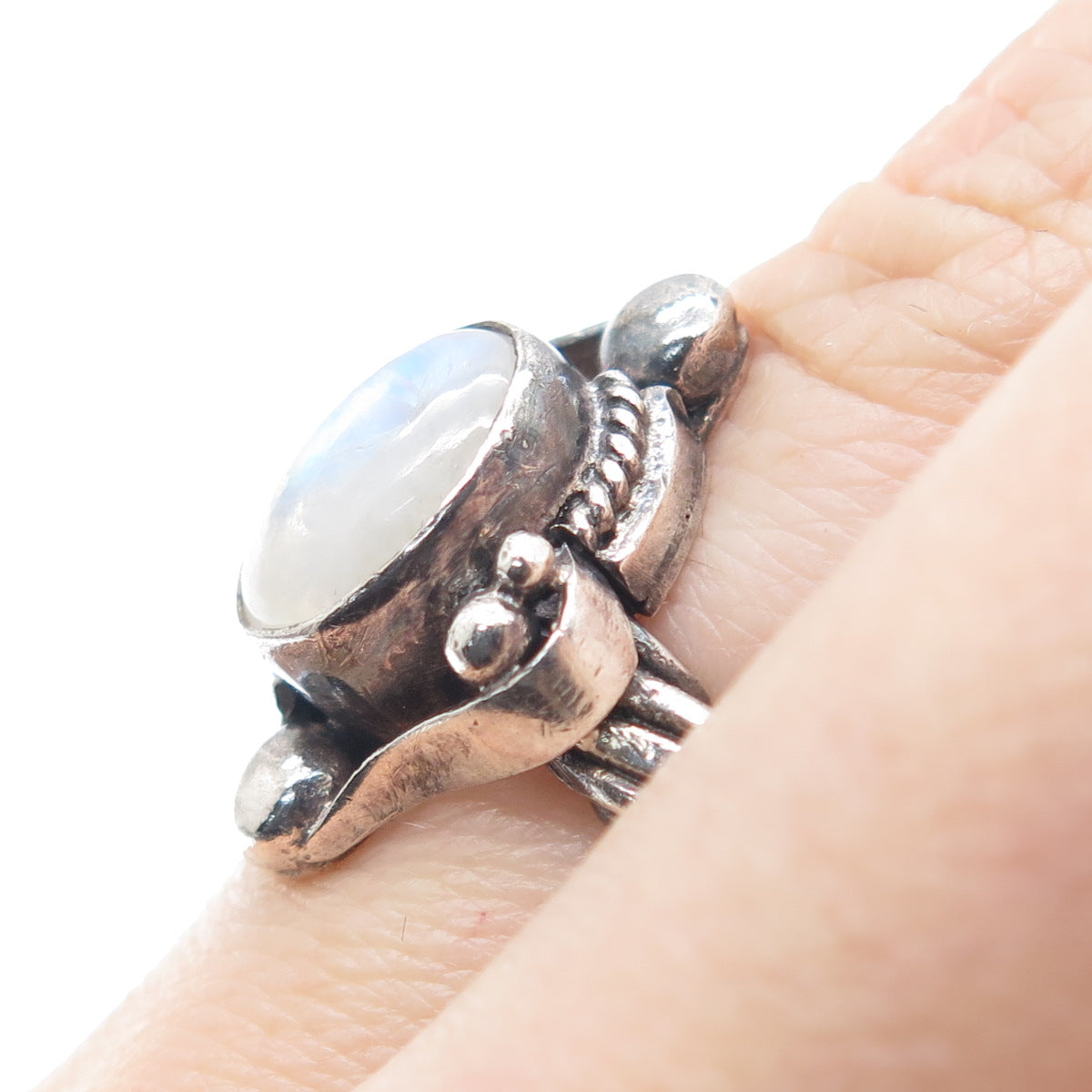 925 Sterling Silver Vintage Real Moonstone Beaded Oxidized Ring Size 5.75