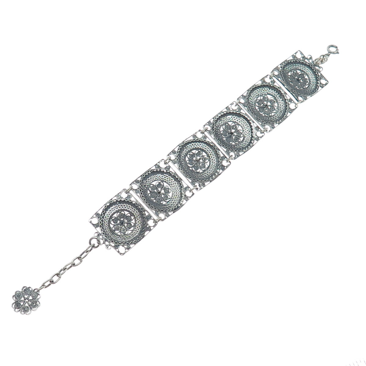 925 Sterling Silver Antique Flower Filigree Panel Link Oxidized Bracelet 7-8"