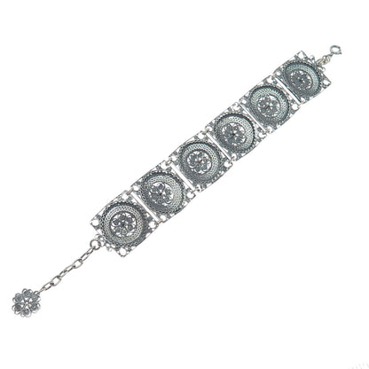 925 Sterling Silver Antique Flower Filigree Panel Link Oxidized Bracelet 7-8"