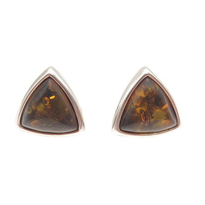925 Sterling Silver Vintage Real Amber Triangle Stud Earrings