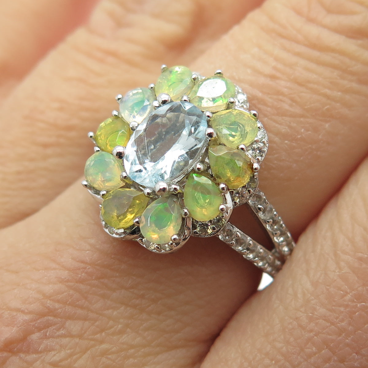 925 Sterling Silver Real Aquamarine Opal & White Topaz Flower Ring Size 7.75