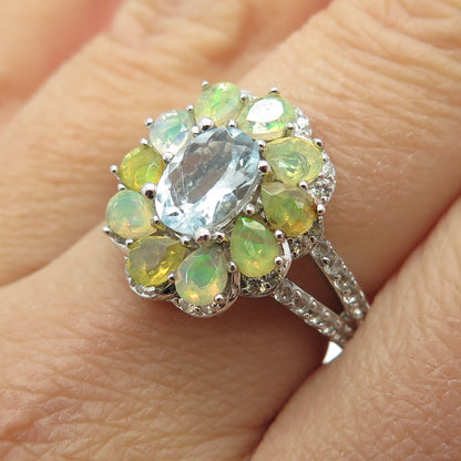 925 Sterling Silver Real Aquamarine Opal & White Topaz Flower Ring Size 7.75