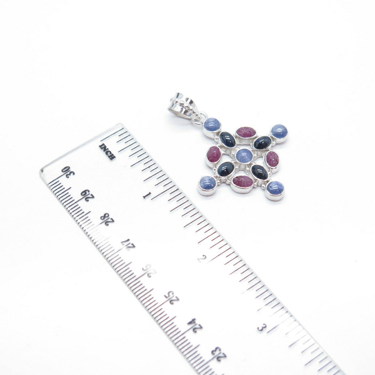 925 Sterling Silver Vintage Real Tanzanite & Pink Blue Sapphire Gem Pendant