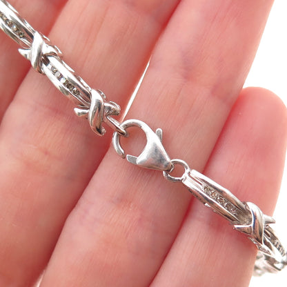925 Sterling Silver Real Round-Cut Diamond X-Shape Bar Link Bracelet 7.5"