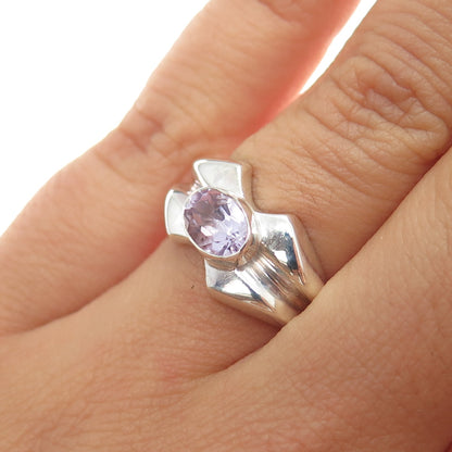 925 Sterling Silver Vintage Real Amethyst Modernist Ring Size 6.5