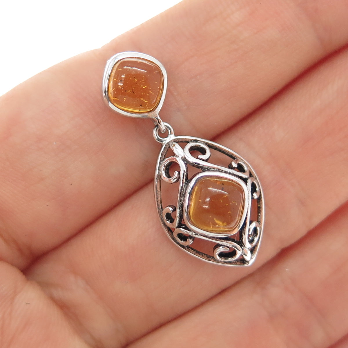925 Sterling Silver Old Stock Vintage Real Amber Ornate Slide Charm Pendant