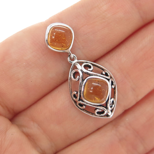 925 Sterling Silver Old Stock Vintage Real Amber Ornate Slide Charm Pendant