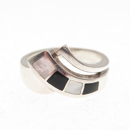 CNA Pranda Sterling Silver Vintage Real MOP & Black Onyx Modernist Ring Size 9