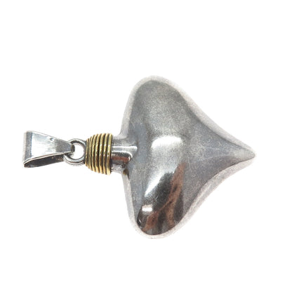 925 Sterling Silver 2-Tone Vintage Mexico Modernist Heart Oxidized Charm Pendant