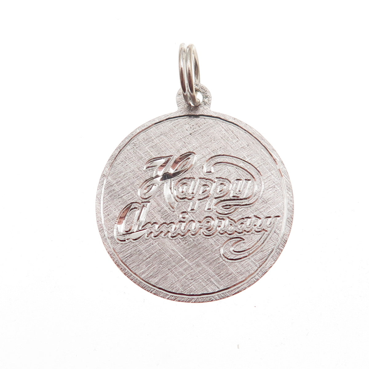 925 Sterling Silver Vintage Happy Anniversary Round Tag Charm Pendant