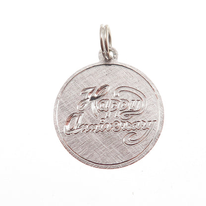 925 Sterling Silver Vintage Happy Anniversary Round Tag Charm Pendant