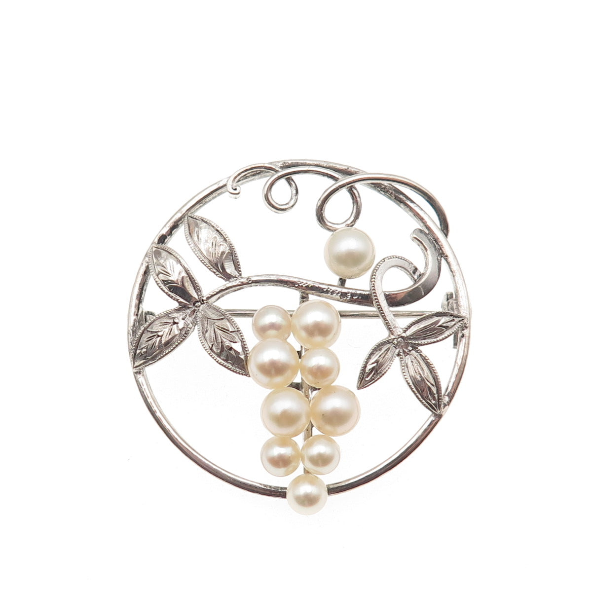 925 Sterling Silver Antique Art Deco Real Pearl Floral Pin Brooch