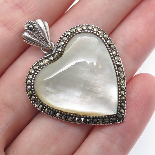 925 Sterling Silver Vintage MOP & Marcasite Heart Pin Pendant (missing 3 stones)