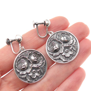 925 Sterling Antique Art Deco Floral Repousse Oxidized Screw Back Earrings