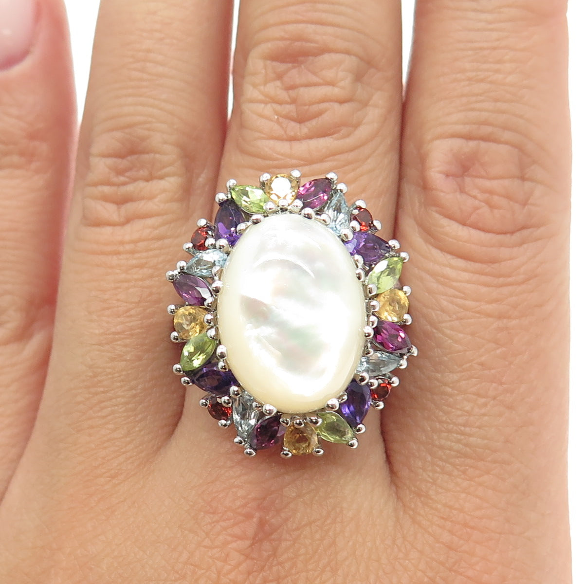 925 Sterling Silver MOP Amethyst Topaz Citrine Garnet Peridot Gem Ring Size 10